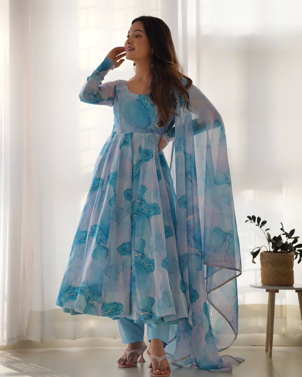 Sky Blue Pure Soft Organja Silk Marble Print Anarkali