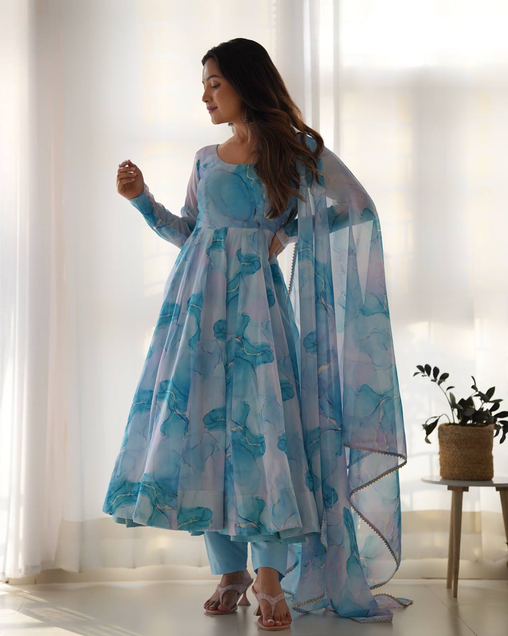 Sky Blue Pure Soft Organja Silk Marble Print Anarkali