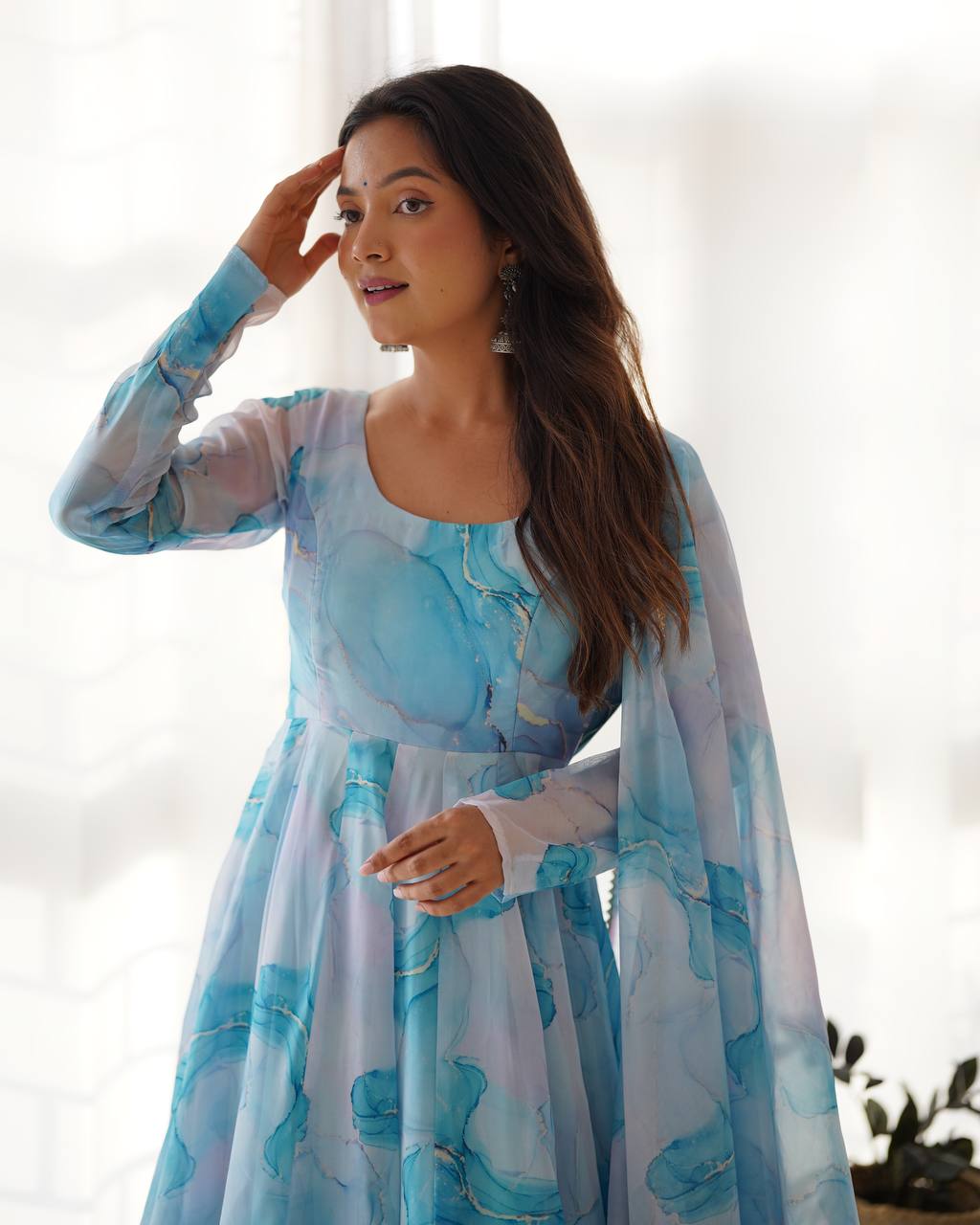 Sky Blue Pure Soft Organja Silk Marble Print Anarkali