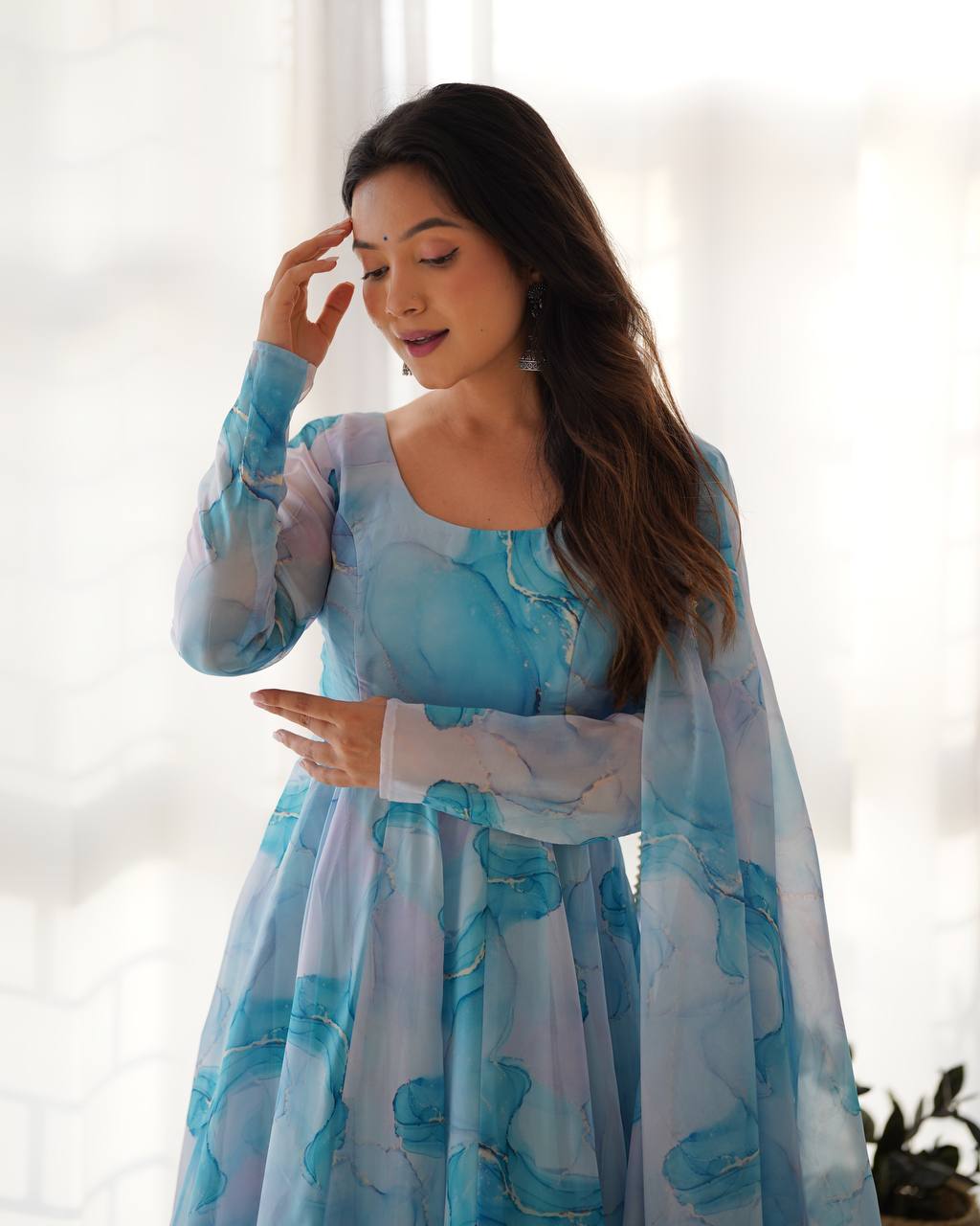 Sky Blue Pure Soft Organja Silk Marble Print Anarkali