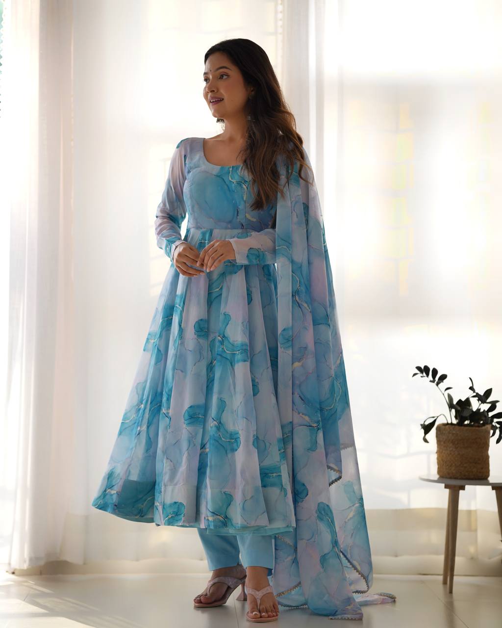 Sky Blue Pure Soft Organja Silk Marble Print Anarkali