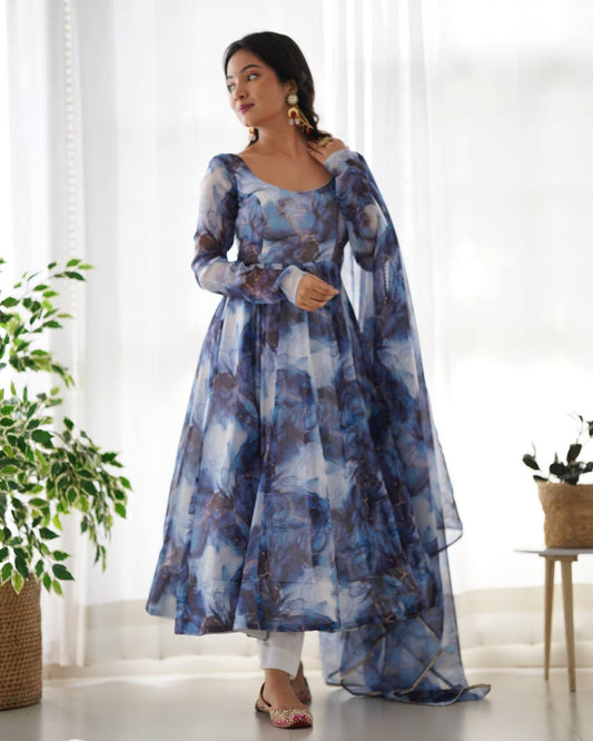 Nevy Blue Pure Soft Organja Silk Marble Print Anarkali Reg