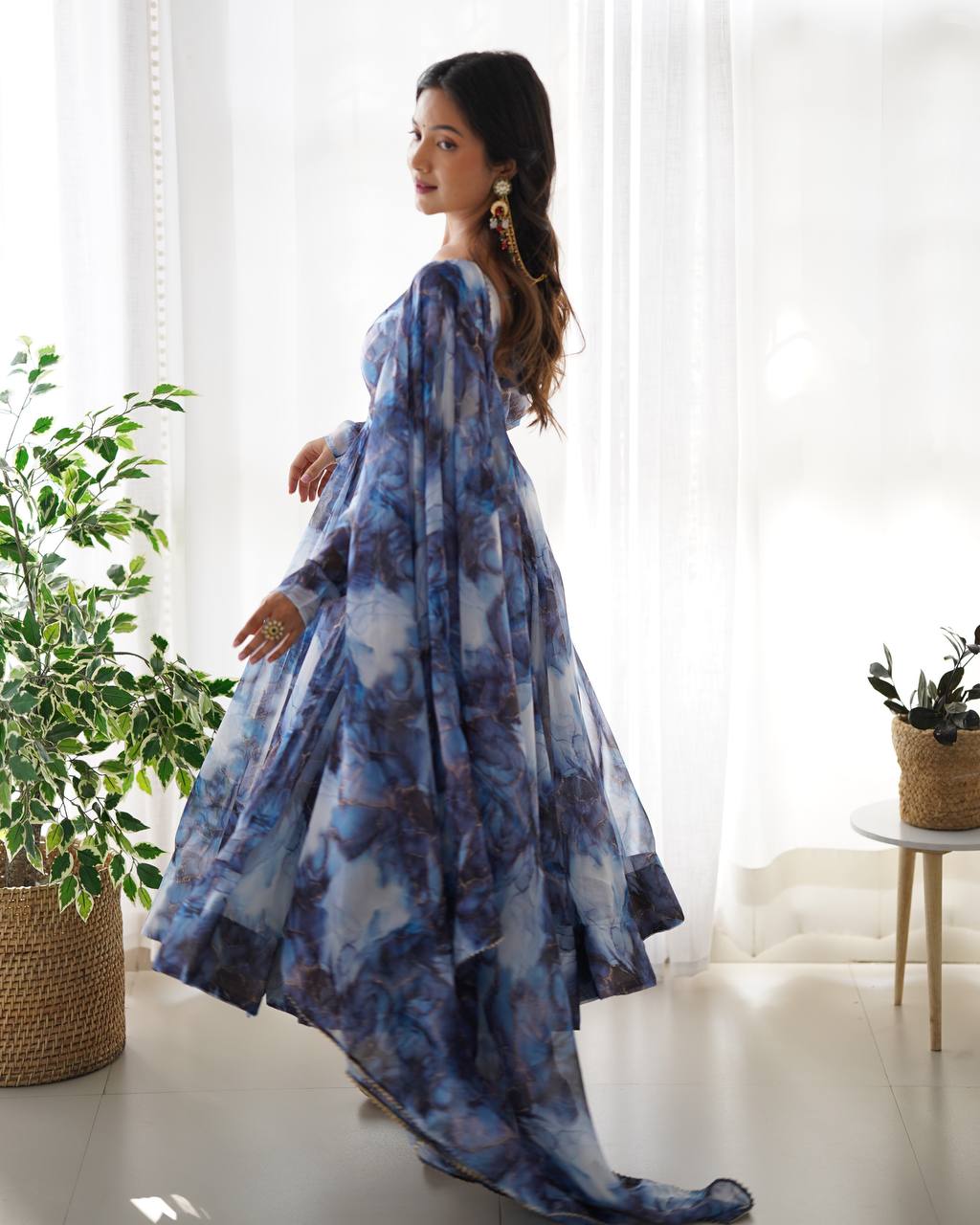 Nevy Blue Pure Soft Organja Silk Marble Print Anarkali Reg