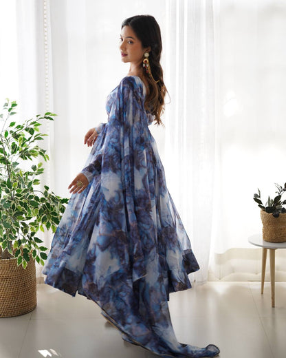 Nevy Blue Pure Soft Organja Silk Marble Print Anarkali Reg