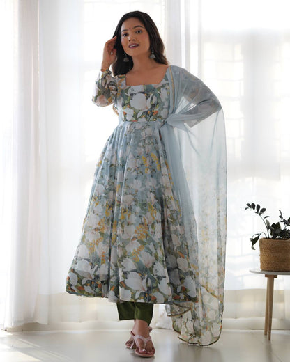 Anaya Flared Pure Soft Organja Silk Floral Print Anarkali