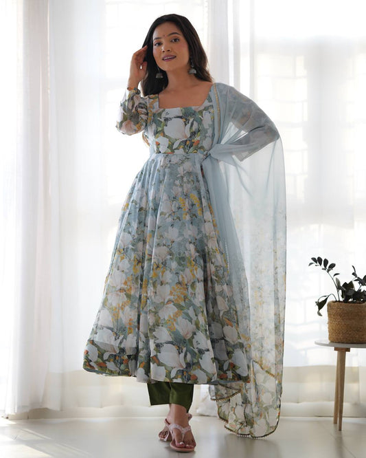 Anaya Flared Pure Soft Organja Silk Floral Print Anarkali