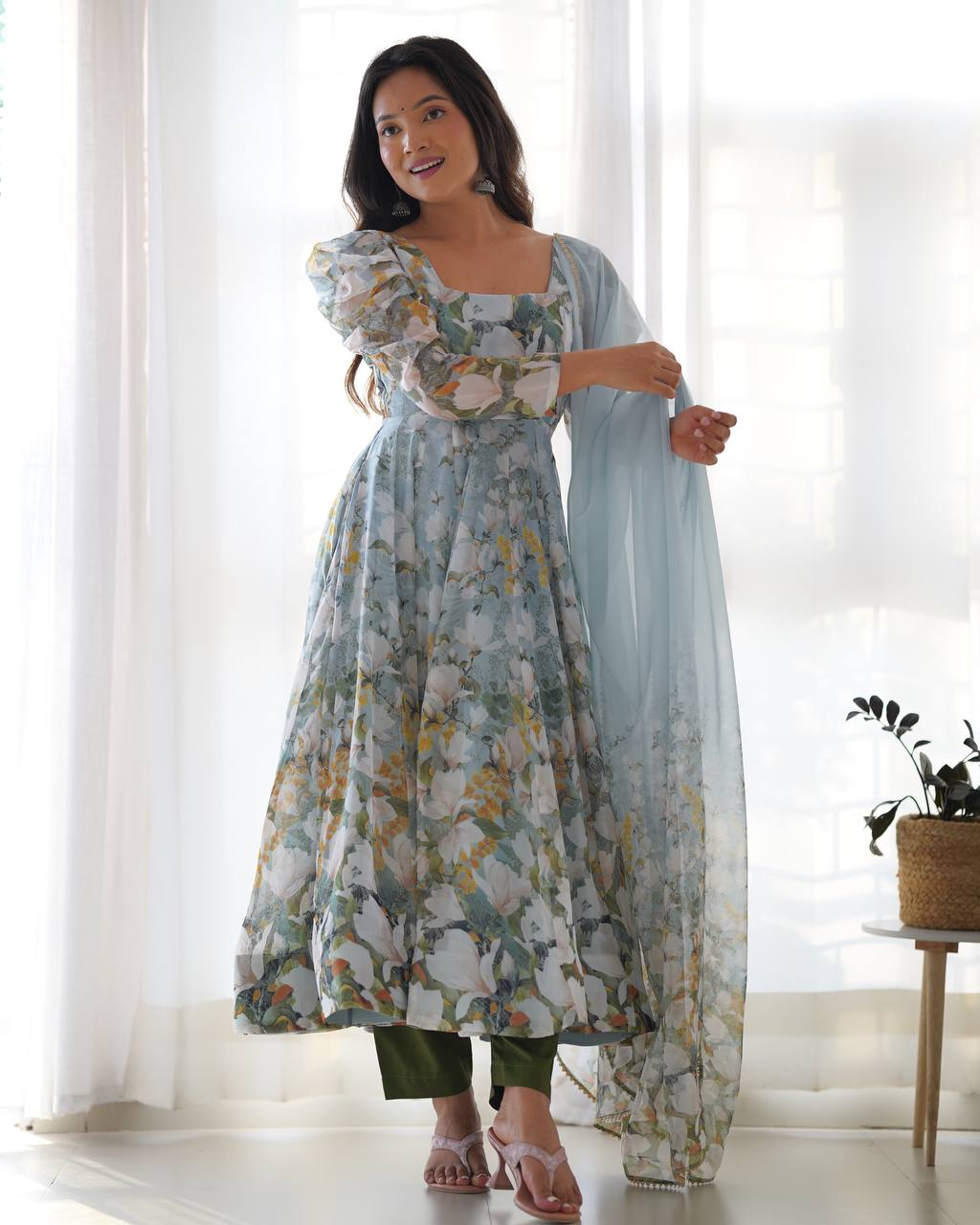 Anaya Flared Pure Soft Organja Silk Floral Print Anarkali
