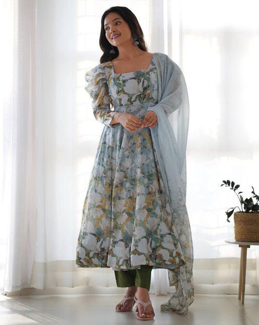 Anaya Flared Pure Soft Organja Silk Floral Print Anarkali