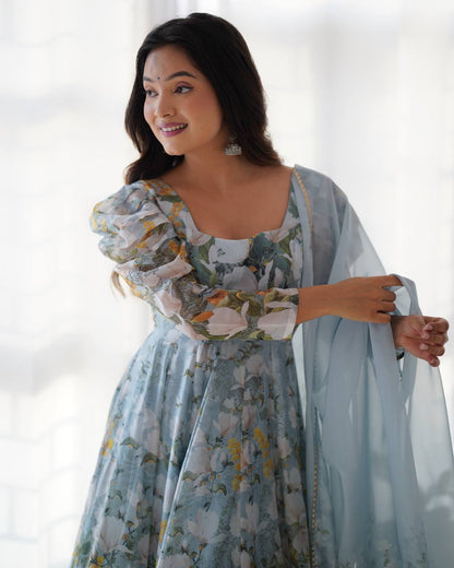 Anaya Flared Pure Soft Organja Silk Floral Print Anarkali