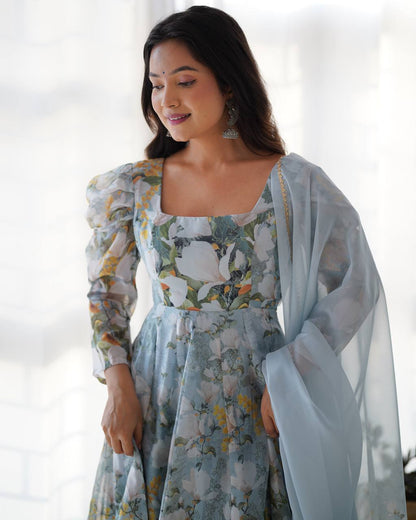 Anaya Flared Pure Soft Organja Silk Floral Print Anarkali