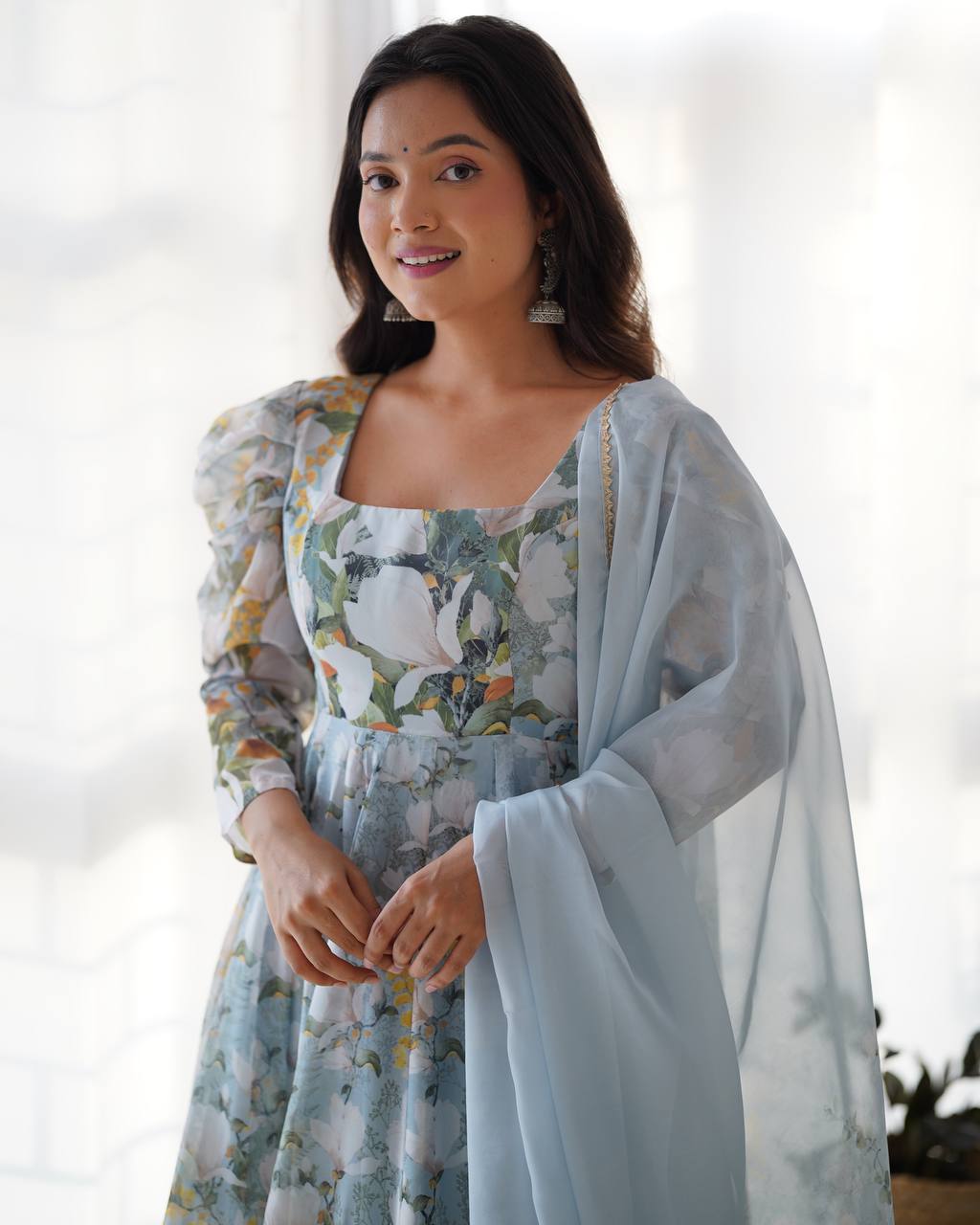 Anaya Flared Pure Soft Organja Silk Floral Print Anarkali