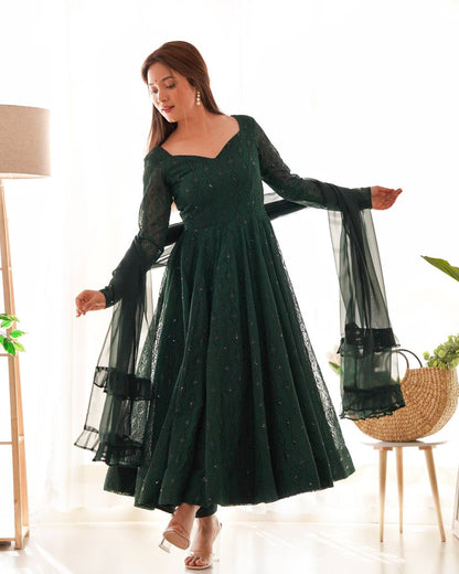 Leher Deep Forest Green Embroidered Anarkali