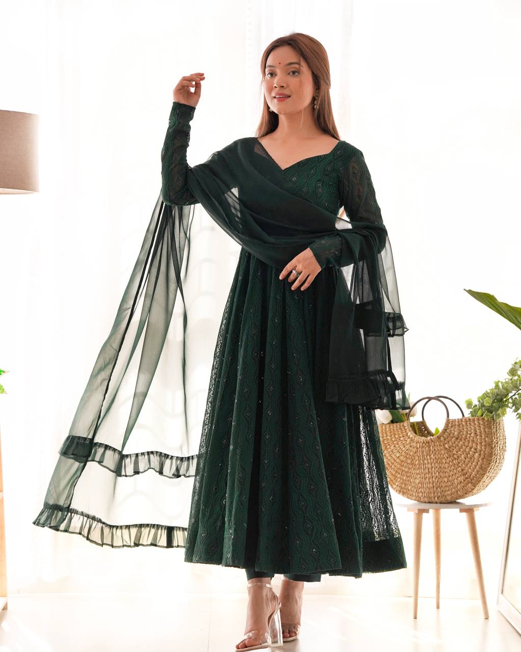 Leher Deep Forest Green Embroidered Anarkali