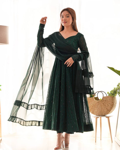 Leher Deep Forest Green Embroidered Anarkali