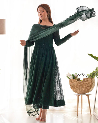 Leher Deep Forest Green Embroidered Anarkali