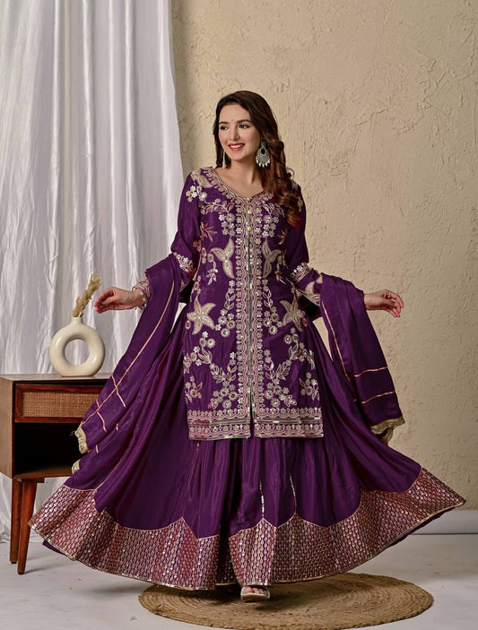 Anvika Purple Chinnon Silk Party Wear Sharara