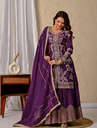 Anvika Purple Chinnon Silk Party Wear Sharara