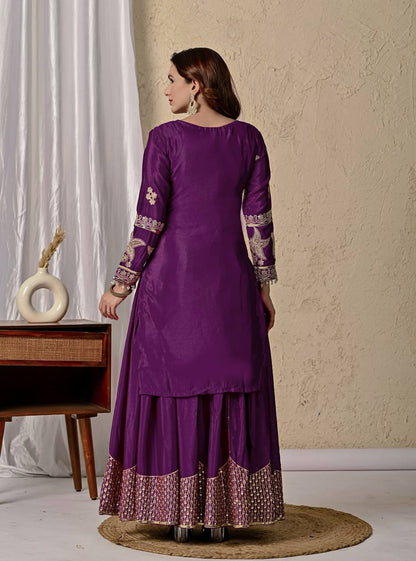 Anvika Purple Chinnon Silk Party Wear Sharara