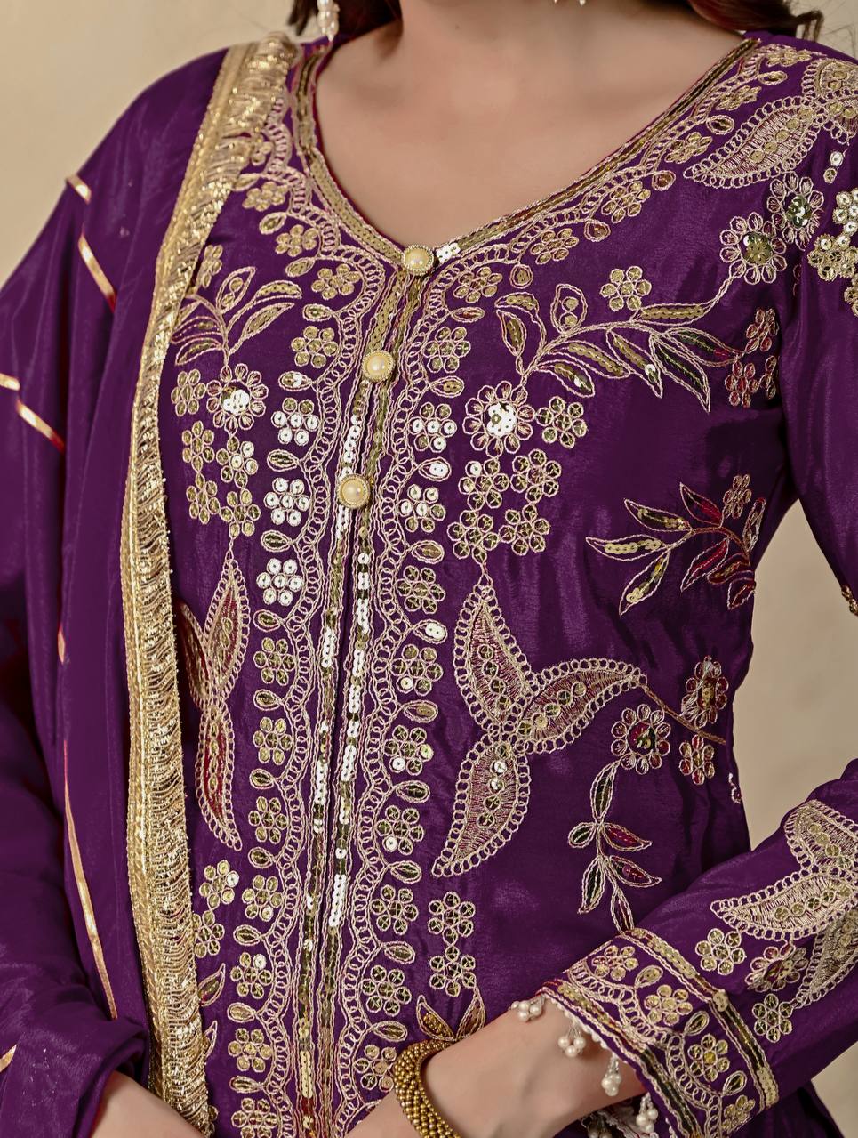 Anvika Purple Chinnon Silk Party Wear Sharara