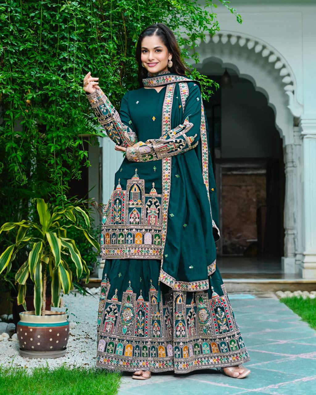 Mirza Designer Chinnon Silk Sharara Suit
