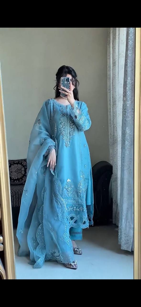 Sky Blue Straight Cut Work Kurta Set