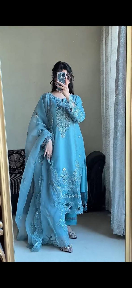 Sky Blue Straight Cut Work Kurta Set