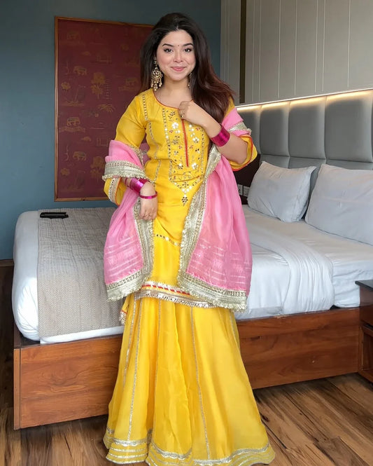 Haldi Special Real Mirror Work Sharara Set