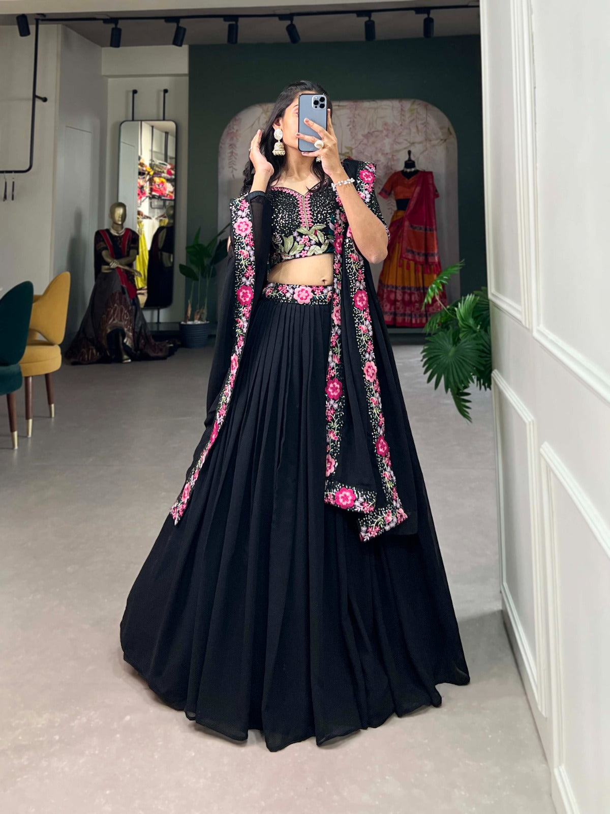 Black Beauty Flares of Grace In Georgette Lahenga
