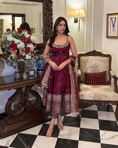 Fancy Maroon Ensemble Anarkali With Dori Latkan