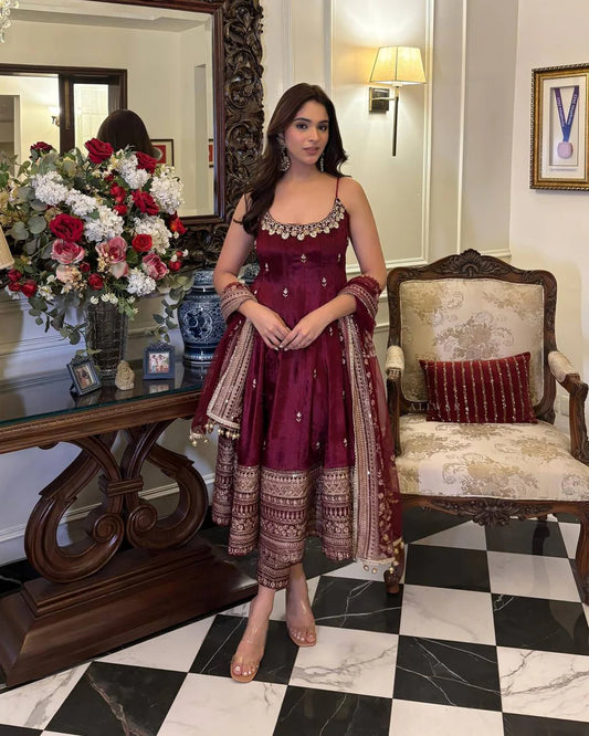 Fancy Maroon Ensemble Anarkali With Dori Latkan