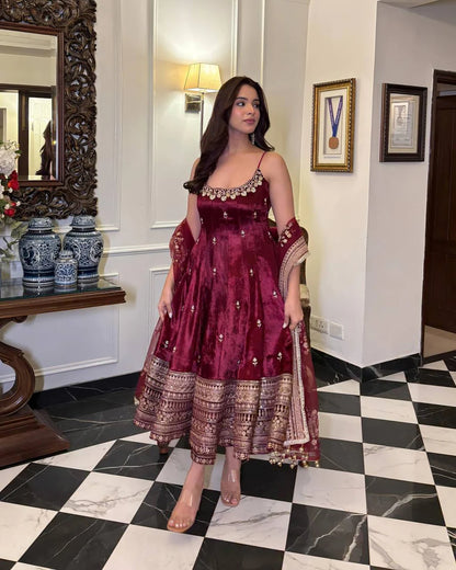 Fancy Maroon Ensemble Anarkali With Dori Latkan