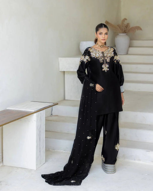 Black Crape Silk Golden Party Wear Salwar