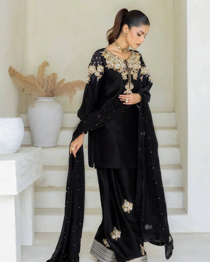Black Crape Silk Golden Party Wear Salwar