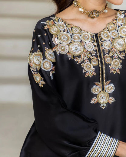 Black Crape Silk Golden Party Wear Salwar