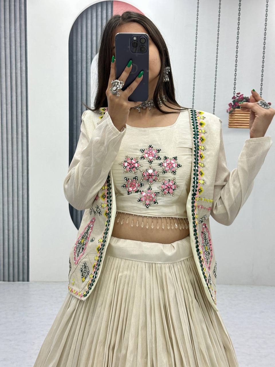 Vidhi Off-White Lehenga with Mirror Work Jacket