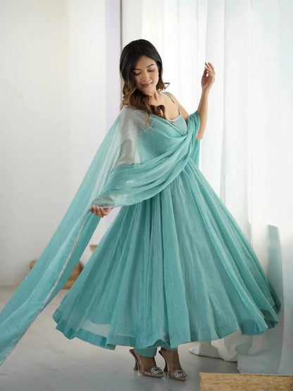 Aqua Blue Crunchy Silk Graceful  Stylish Anarkali