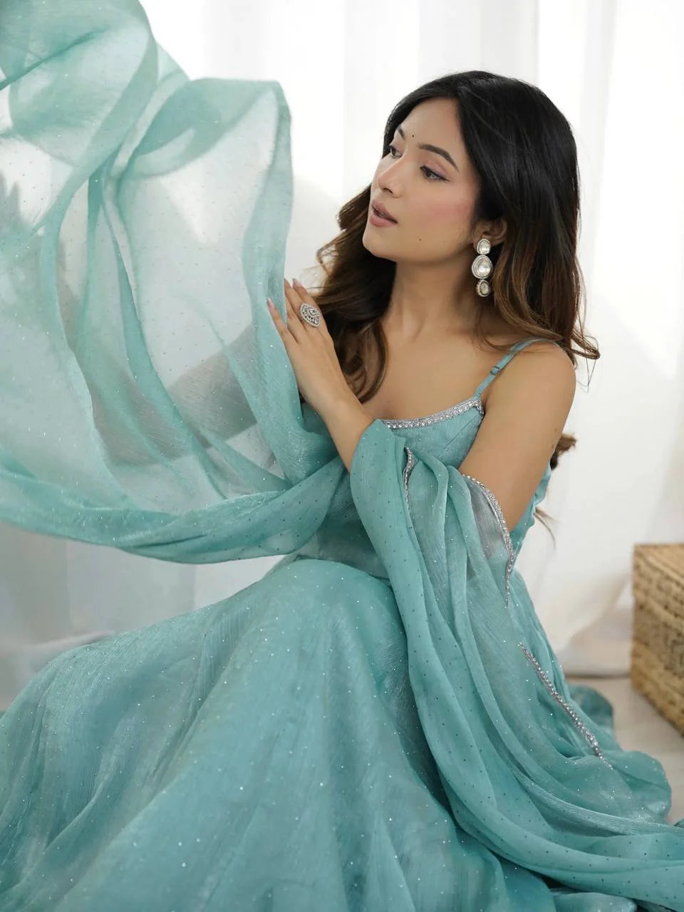 Aqua Blue Crunchy Silk Graceful  Stylish Anarkali