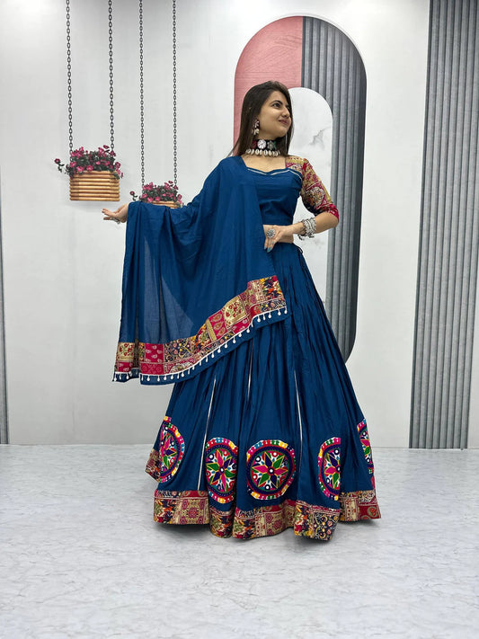 Blue Foil Print Gamthi Work Lehenga Choli
